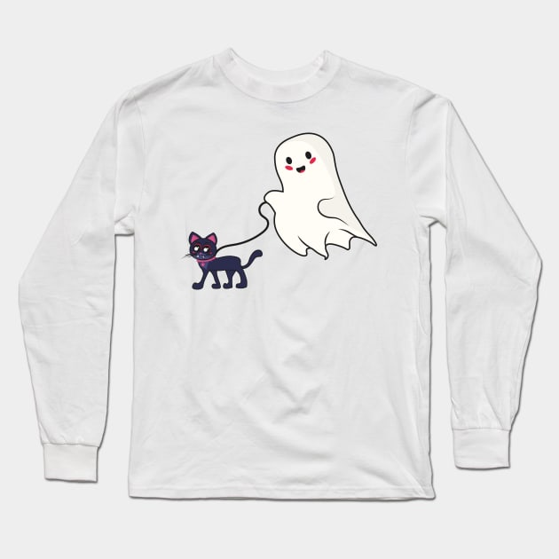 Cute ghost walking a vampire cat Long Sleeve T-Shirt by vixfx